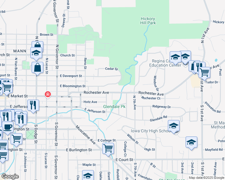 map of restaurants, bars, coffee shops, grocery stores, and more near 1430 Rochester Avenue in Iowa City