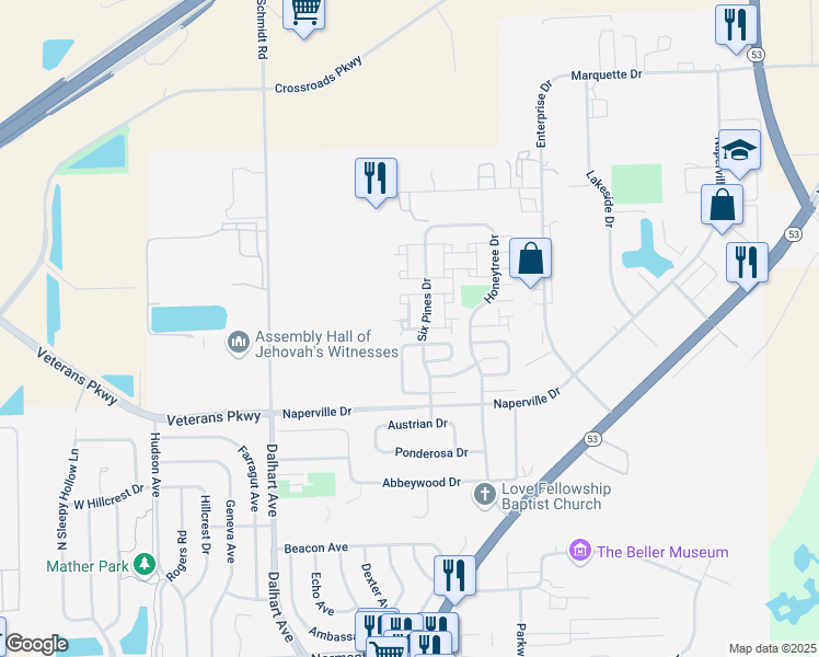 map of restaurants, bars, coffee shops, grocery stores, and more near 461 Wildwood Court in Romeoville
