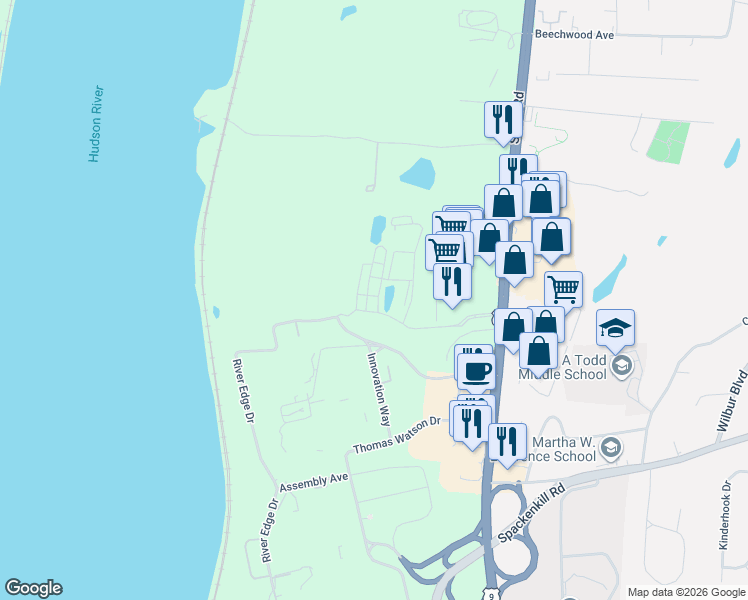 map of restaurants, bars, coffee shops, grocery stores, and more near 9 Hudson Harbour Drive in Poughkeepsie