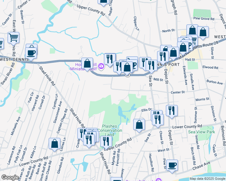 map of restaurants, bars, coffee shops, grocery stores, and more near 33 Center Street in Dennis