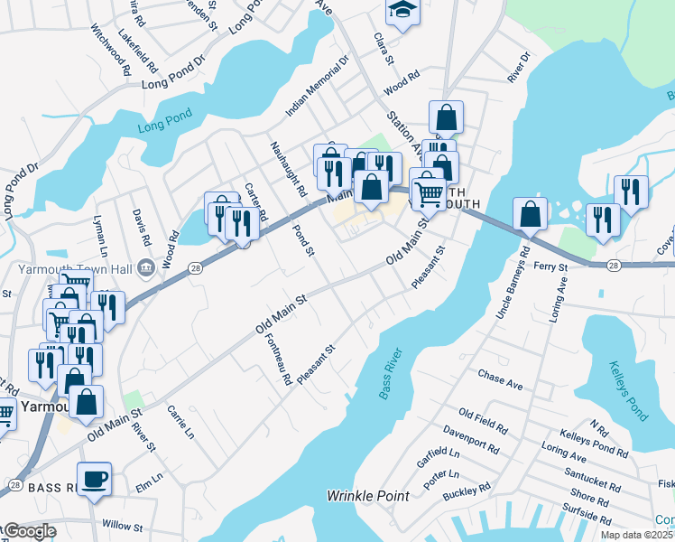 map of restaurants, bars, coffee shops, grocery stores, and more near 246 Old Main Street in Yarmouth