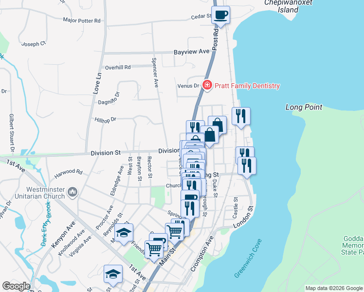 map of restaurants, bars, coffee shops, grocery stores, and more near 21 Division Street in East Greenwich