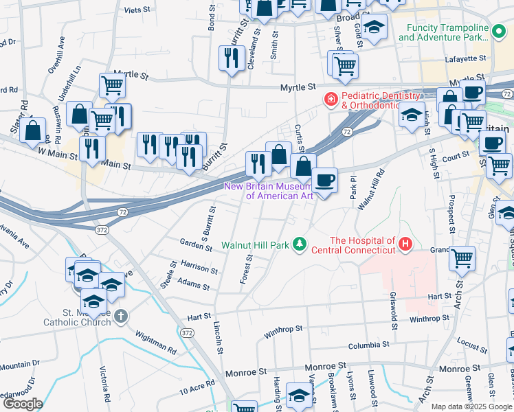 map of restaurants, bars, coffee shops, grocery stores, and more near 36 Lincoln Street in New Britain