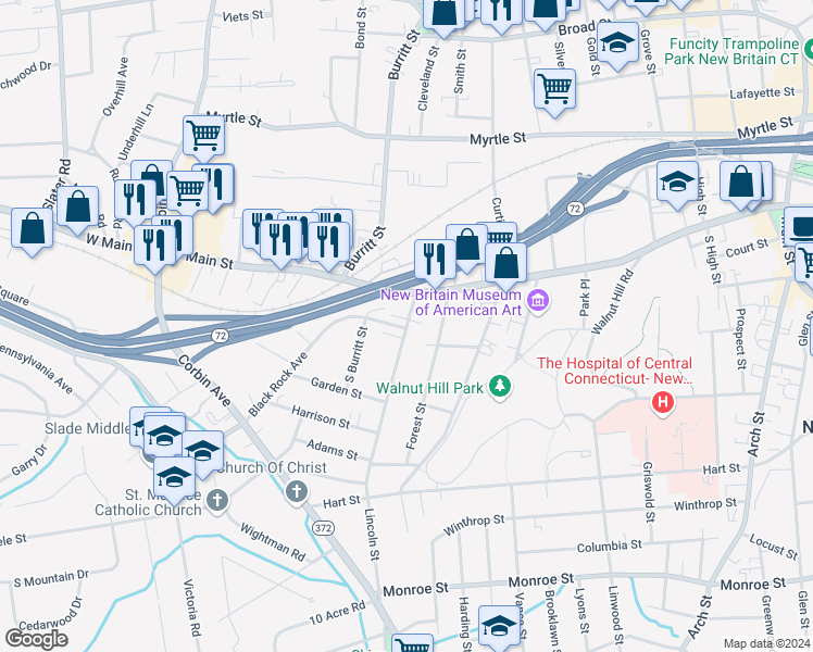map of restaurants, bars, coffee shops, grocery stores, and more near 36 Lincoln Street in New Britain