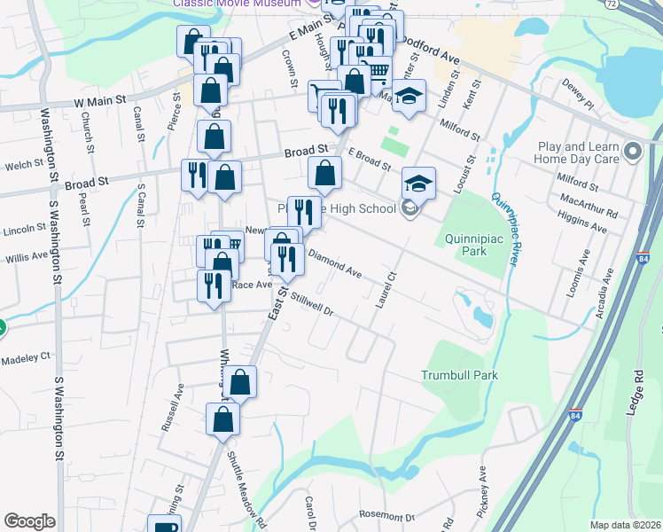 map of restaurants, bars, coffee shops, grocery stores, and more near 184 East Street in Plainville