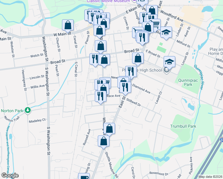 map of restaurants, bars, coffee shops, grocery stores, and more near 15 Race Avenue in Plainville