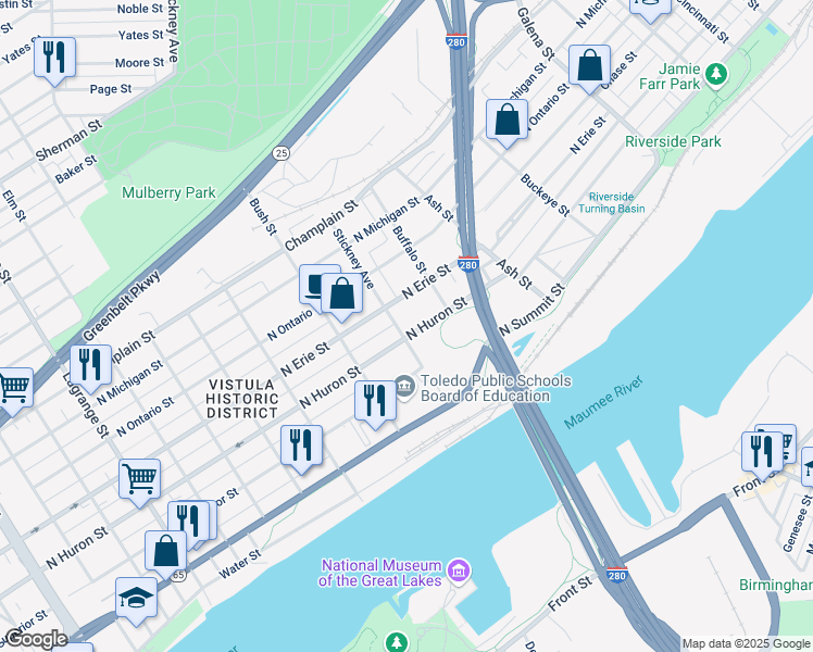 map of restaurants, bars, coffee shops, grocery stores, and more near in Toledo