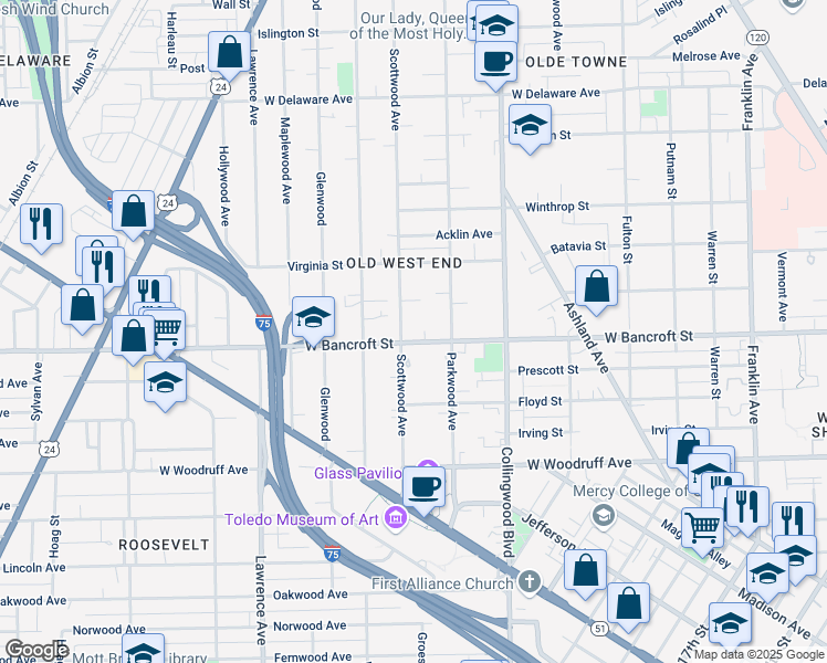 map of restaurants, bars, coffee shops, grocery stores, and more near 641 West Bancroft Street in Toledo