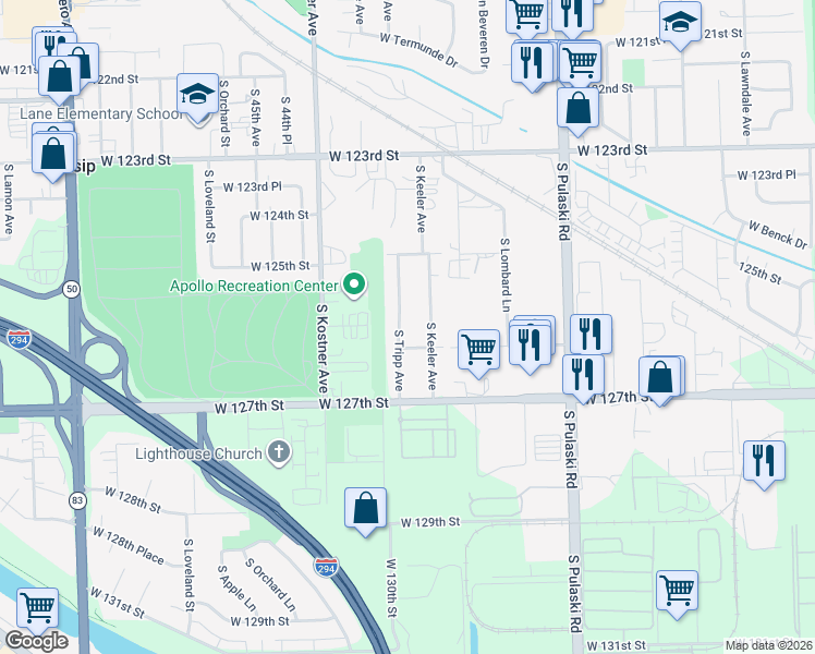 map of restaurants, bars, coffee shops, grocery stores, and more near 12540 South Tripp Avenue in Alsip
