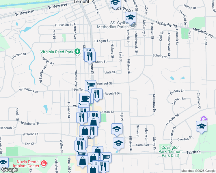 map of restaurants, bars, coffee shops, grocery stores, and more near 306 Freehauf Street in Lemont