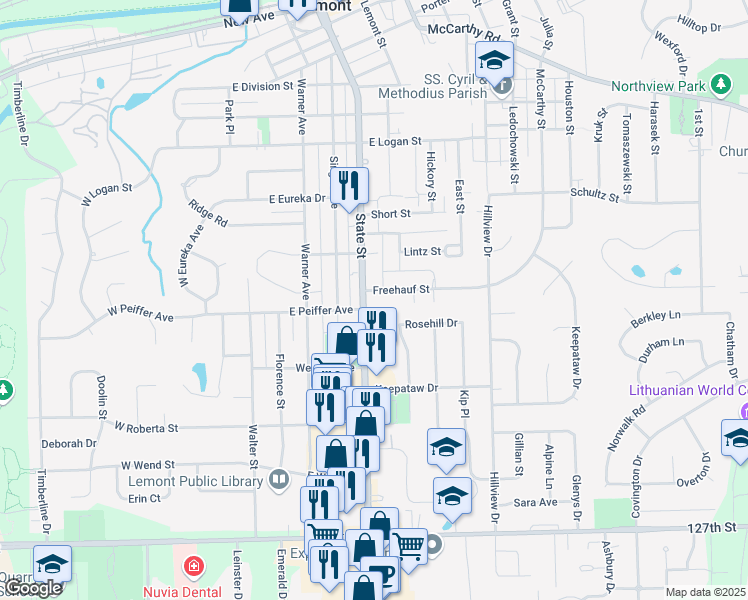 map of restaurants, bars, coffee shops, grocery stores, and more near 1001 State Street in Lemont