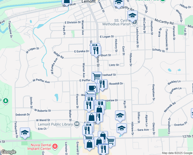 map of restaurants, bars, coffee shops, grocery stores, and more near 920 State Street in Lemont