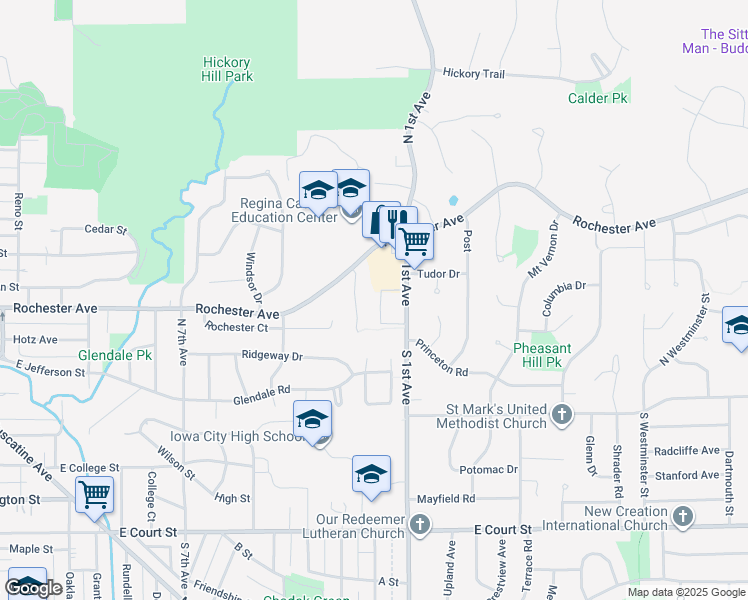 map of restaurants, bars, coffee shops, grocery stores, and more near 201 North 1st Avenue in Iowa City