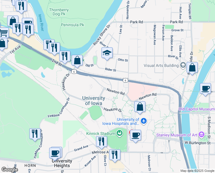 map of restaurants, bars, coffee shops, grocery stores, and more near 7 Valley Avenue in Iowa City