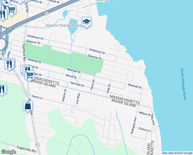 map of restaurants, bars, coffee shops, grocery stores, and more near 673 Newhall Street in Fall River