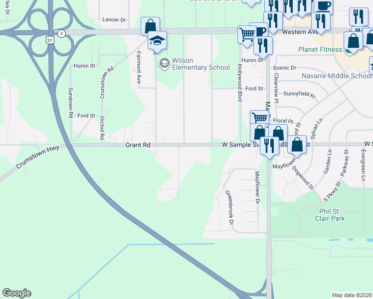 map of restaurants, bars, coffee shops, grocery stores, and more near 57000-57098 Butternut Road in South Bend