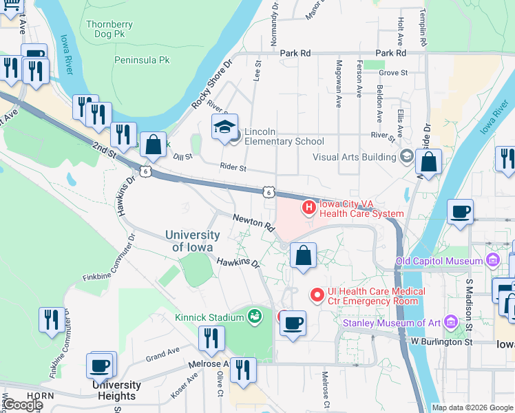 map of restaurants, bars, coffee shops, grocery stores, and more near 24 Lincoln Avenue in Iowa City