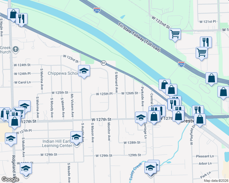 map of restaurants, bars, coffee shops, grocery stores, and more near 12528 South Menard Avenue in Alsip