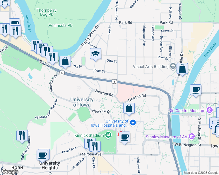 map of restaurants, bars, coffee shops, grocery stores, and more near 24 Lincoln Avenue in Iowa City