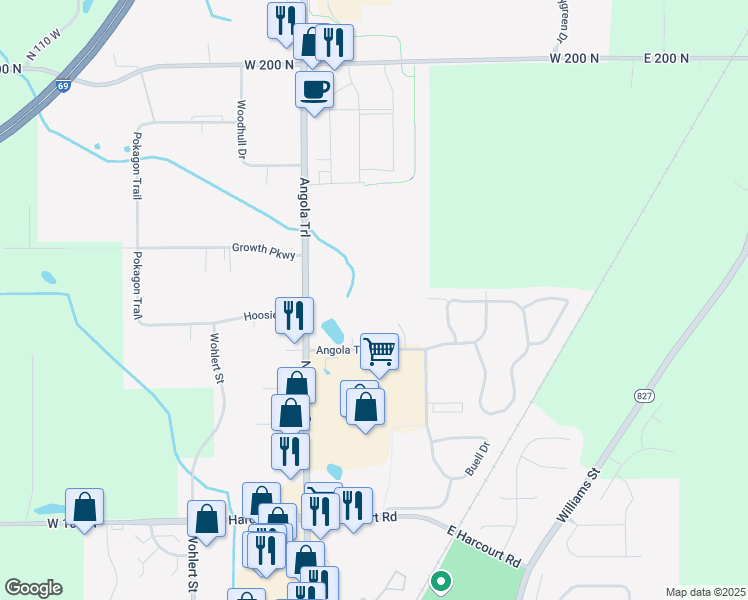 map of restaurants, bars, coffee shops, grocery stores, and more near 509 Northcrest Drive in Angola