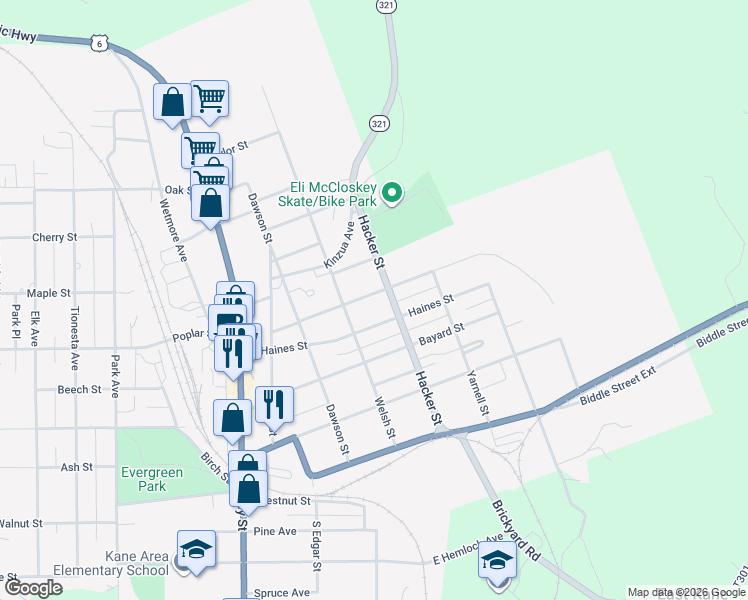 map of restaurants, bars, coffee shops, grocery stores, and more near 326 Janeway Street in Kane