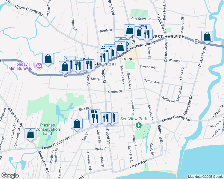 map of restaurants, bars, coffee shops, grocery stores, and more near 70 Pleasant Street in Dennis