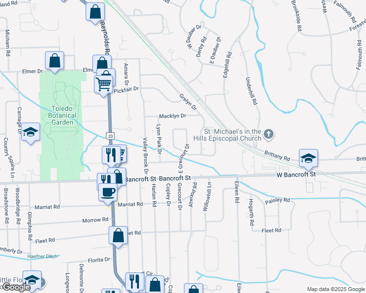 map of restaurants, bars, coffee shops, grocery stores, and more near 2302 East Grecourt Drive in Toledo