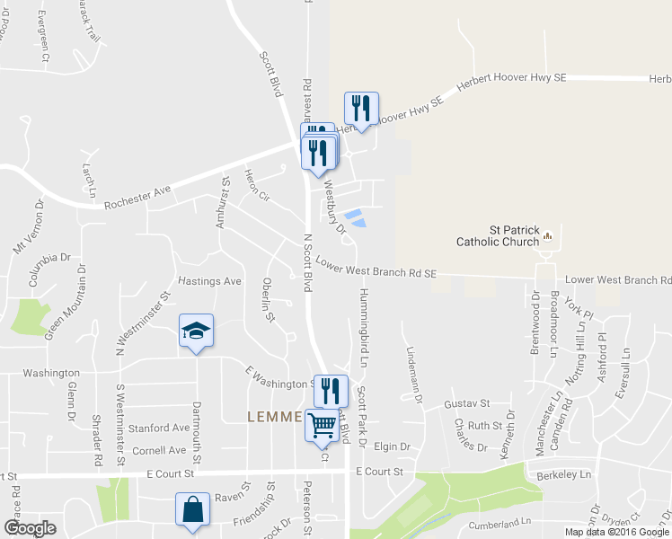 map of restaurants, bars, coffee shops, grocery stores, and more near 3607 Lower West Branch Road Southeast in Iowa City