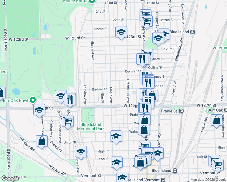 map of restaurants, bars, coffee shops, grocery stores, and more near 12610 Maple Avenue in Blue Island
