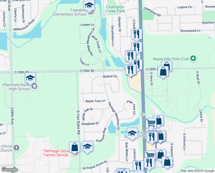 map of restaurants, bars, coffee shops, grocery stores, and more near 24010 Walnut Circle in Plainfield