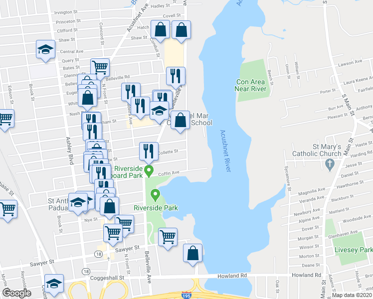 map of restaurants, bars, coffee shops, grocery stores, and more near 1 Collette Street in New Bedford