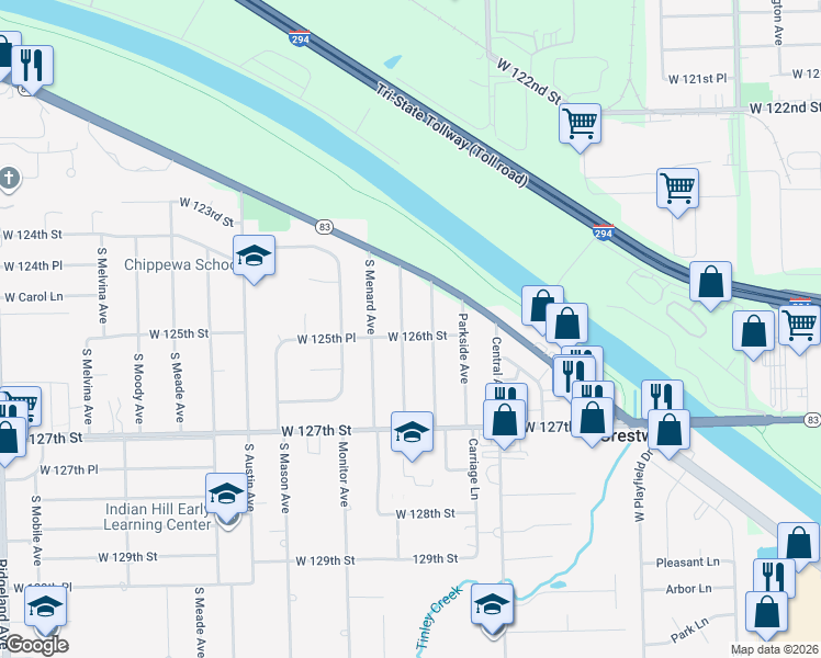 map of restaurants, bars, coffee shops, grocery stores, and more near 12600 Massasoit Avenue in Palos Heights