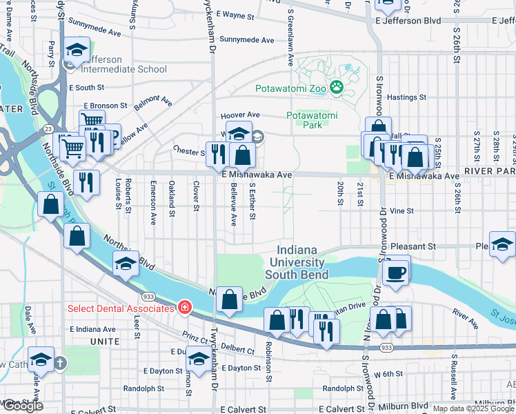 map of restaurants, bars, coffee shops, grocery stores, and more near 1720 Ruskin Street in South Bend