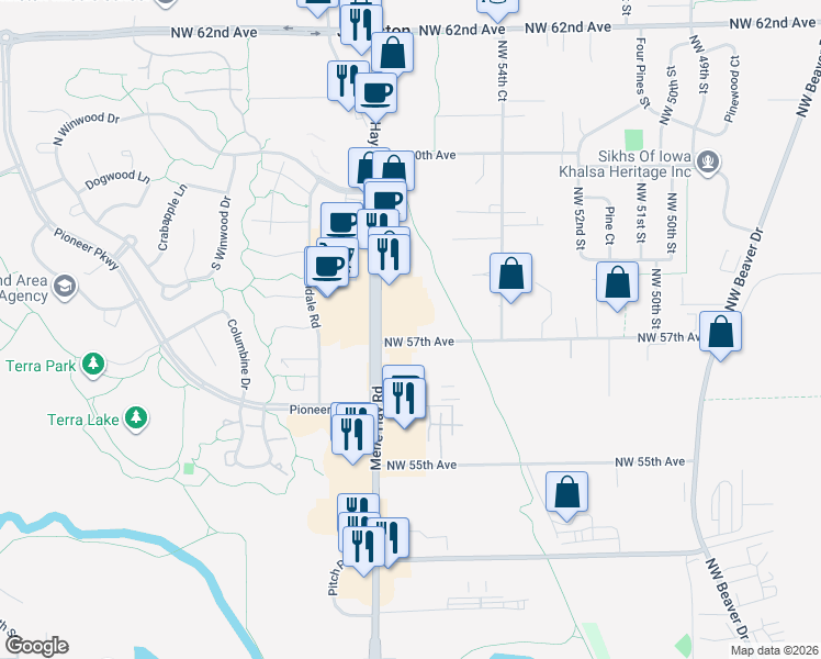 map of restaurants, bars, coffee shops, grocery stores, and more near 5685 Northwest 57th Avenue in Johnston
