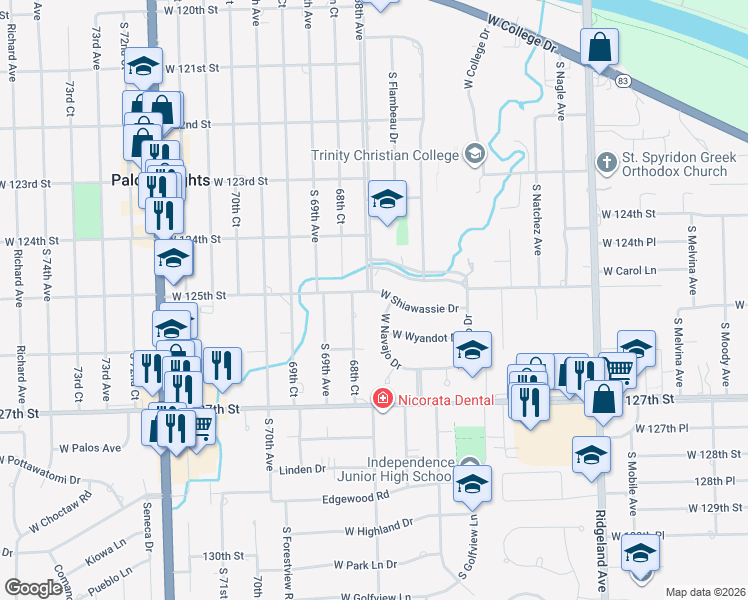 map of restaurants, bars, coffee shops, grocery stores, and more near 6747 West Shiawassie Drive in Palos Heights