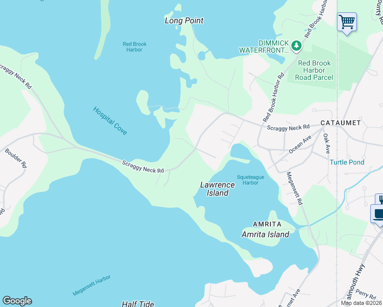 map of restaurants, bars, coffee shops, grocery stores, and more near 218 Scraggy Neck Road in Bourne