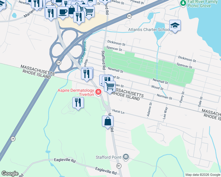 map of restaurants, bars, coffee shops, grocery stores, and more near 54 Hancock Street in Fall River