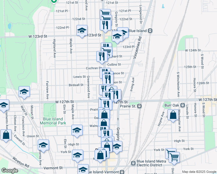 map of restaurants, bars, coffee shops, grocery stores, and more near 2346 Olive Street in Blue Island