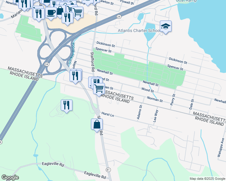 map of restaurants, bars, coffee shops, grocery stores, and more near 147 Norman Street in Fall River