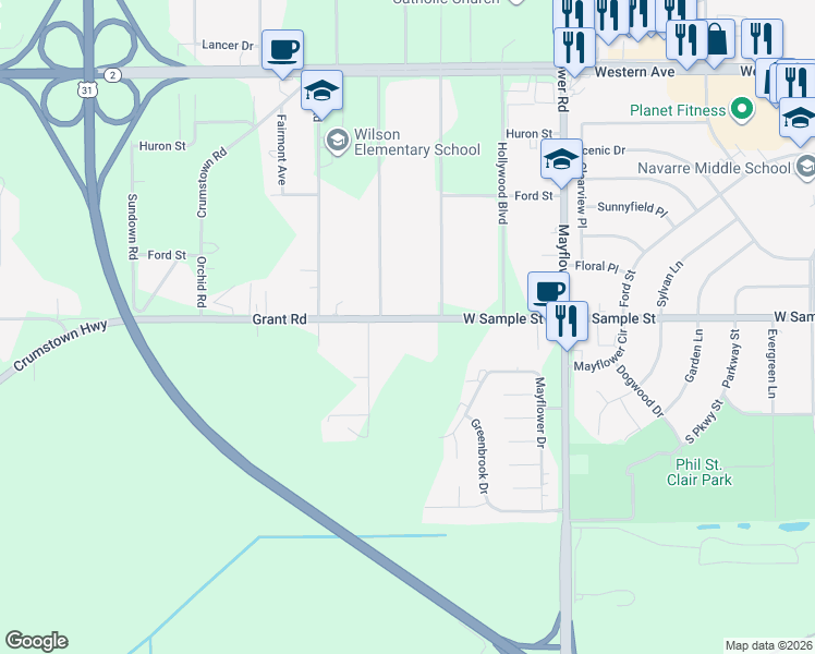 map of restaurants, bars, coffee shops, grocery stores, and more near 23818 Grant Road in South Bend