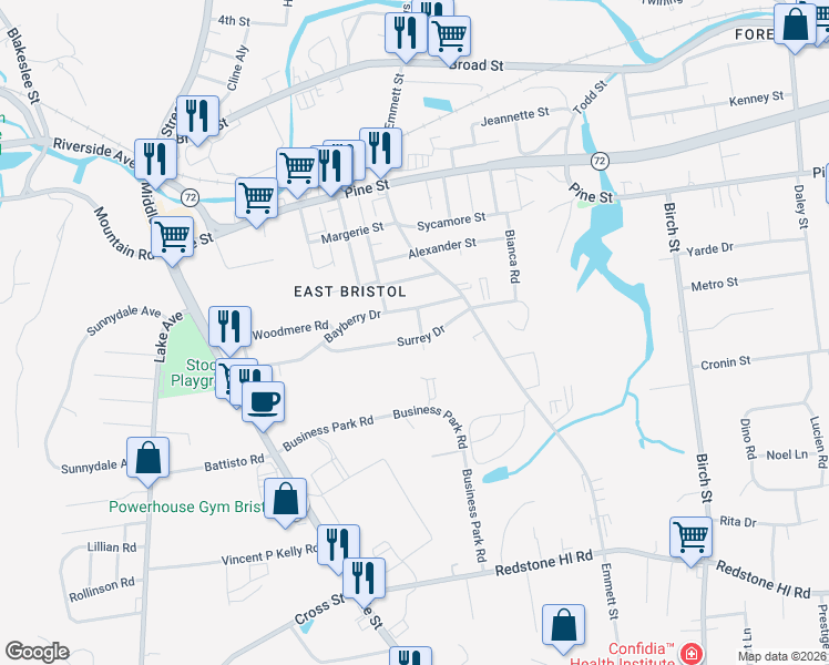 map of restaurants, bars, coffee shops, grocery stores, and more near 101 Surrey Drive in Bristol