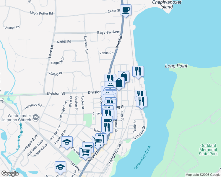map of restaurants, bars, coffee shops, grocery stores, and more near 4646 Post Road in East Greenwich