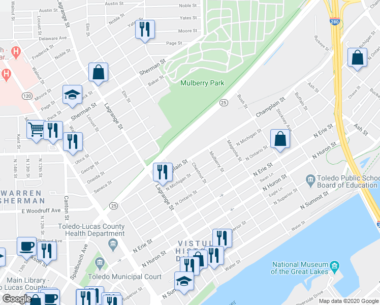 map of restaurants, bars, coffee shops, grocery stores, and more near 1201 Champlain Street in Toledo