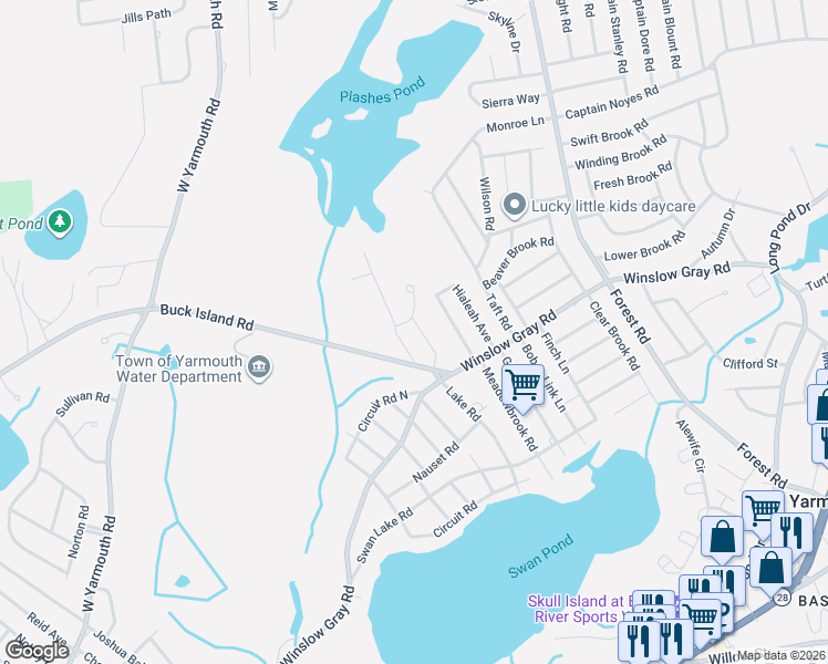 map of restaurants, bars, coffee shops, grocery stores, and more near 25 Lake Road East in Yarmouth