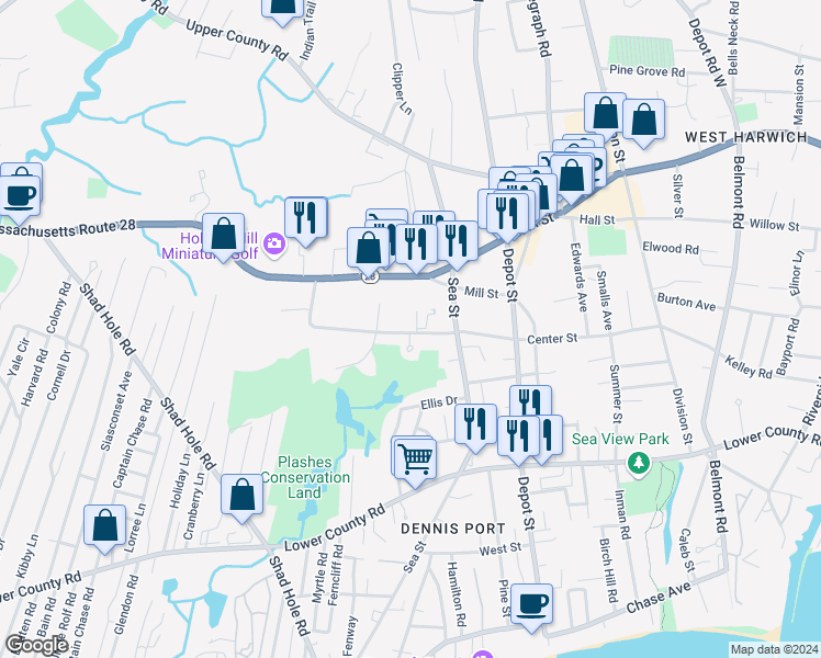 map of restaurants, bars, coffee shops, grocery stores, and more near 67 Center Street in Dennis