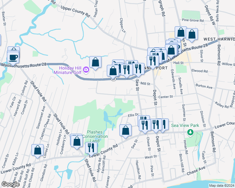 map of restaurants, bars, coffee shops, grocery stores, and more near 67 Center Street in Dennis