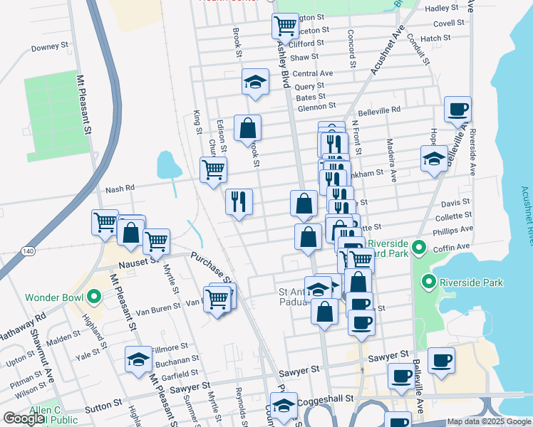 map of restaurants, bars, coffee shops, grocery stores, and more near 340 Earle Street in New Bedford