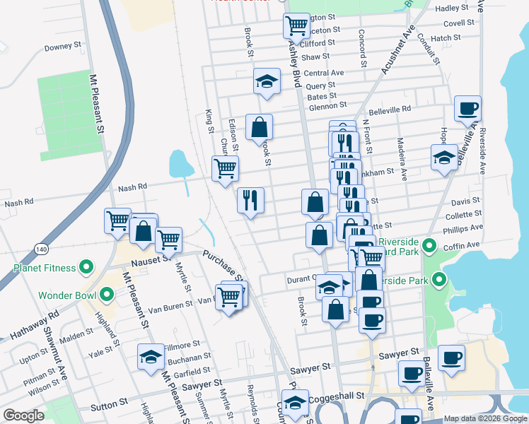 map of restaurants, bars, coffee shops, grocery stores, and more near 340 Earle Street in New Bedford