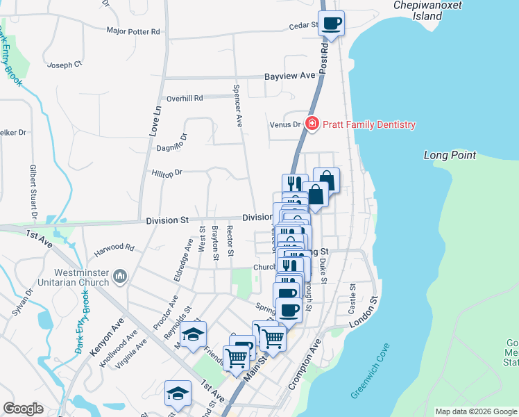 map of restaurants, bars, coffee shops, grocery stores, and more near 330 Spencer Avenue in East Greenwich