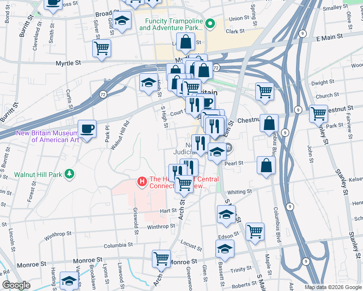 map of restaurants, bars, coffee shops, grocery stores, and more near 145 Arch Street in New Britain